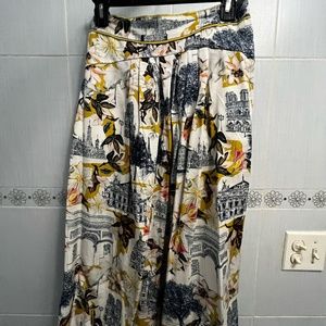 Midi Length A-Line Skirt with Floral and Architecture Pattern